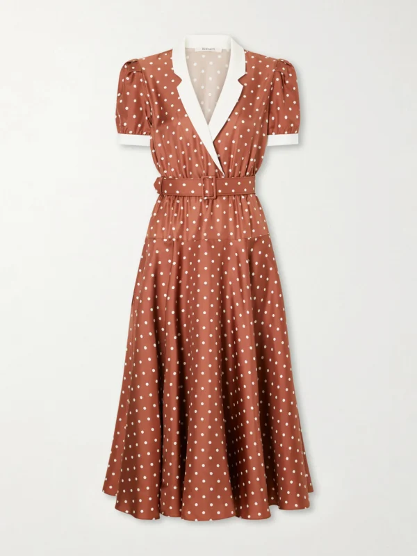 Rodarte Belted Pleated Polka-dot Crepe-trimmed Silk-twill Midi Dress