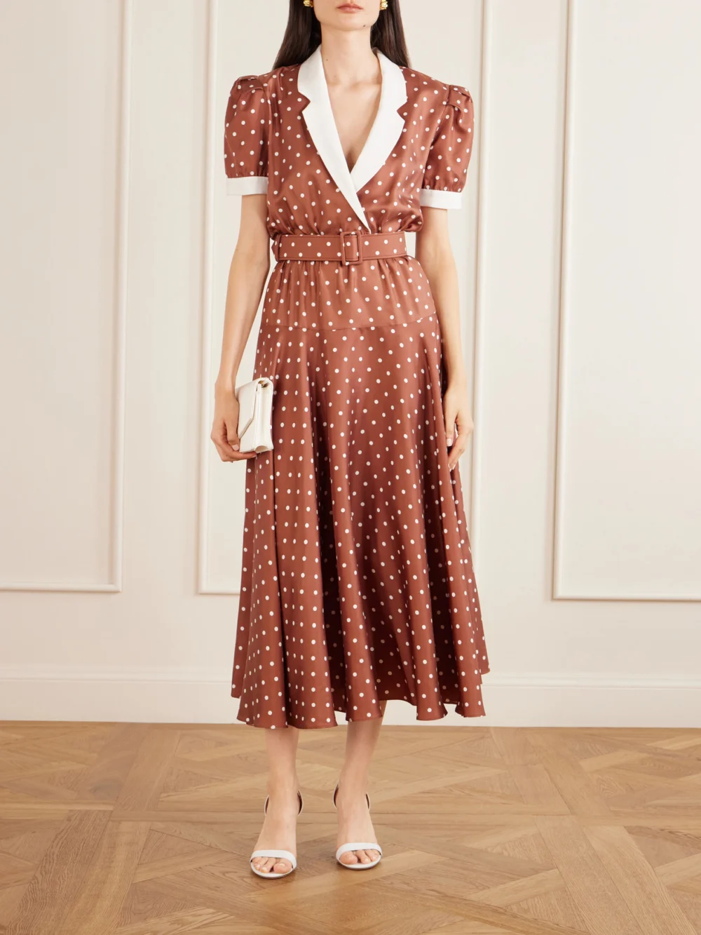 Rodarte Belted Pleated Polka-dot Crepe-trimmed Silk-twill Midi Dress, worn by a model