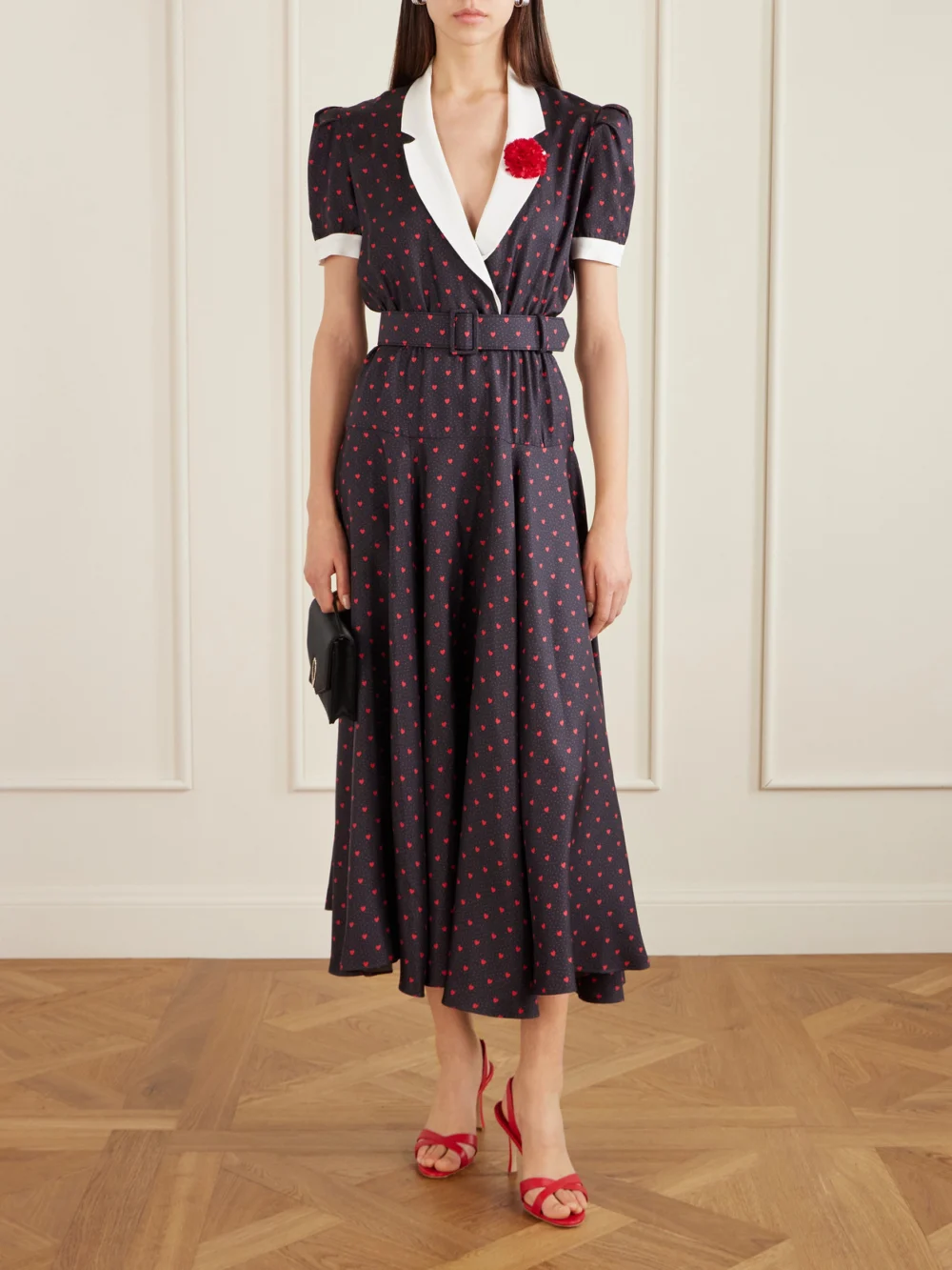 Rodarte Belted Printed Silk-twill Gown, worn by a model
