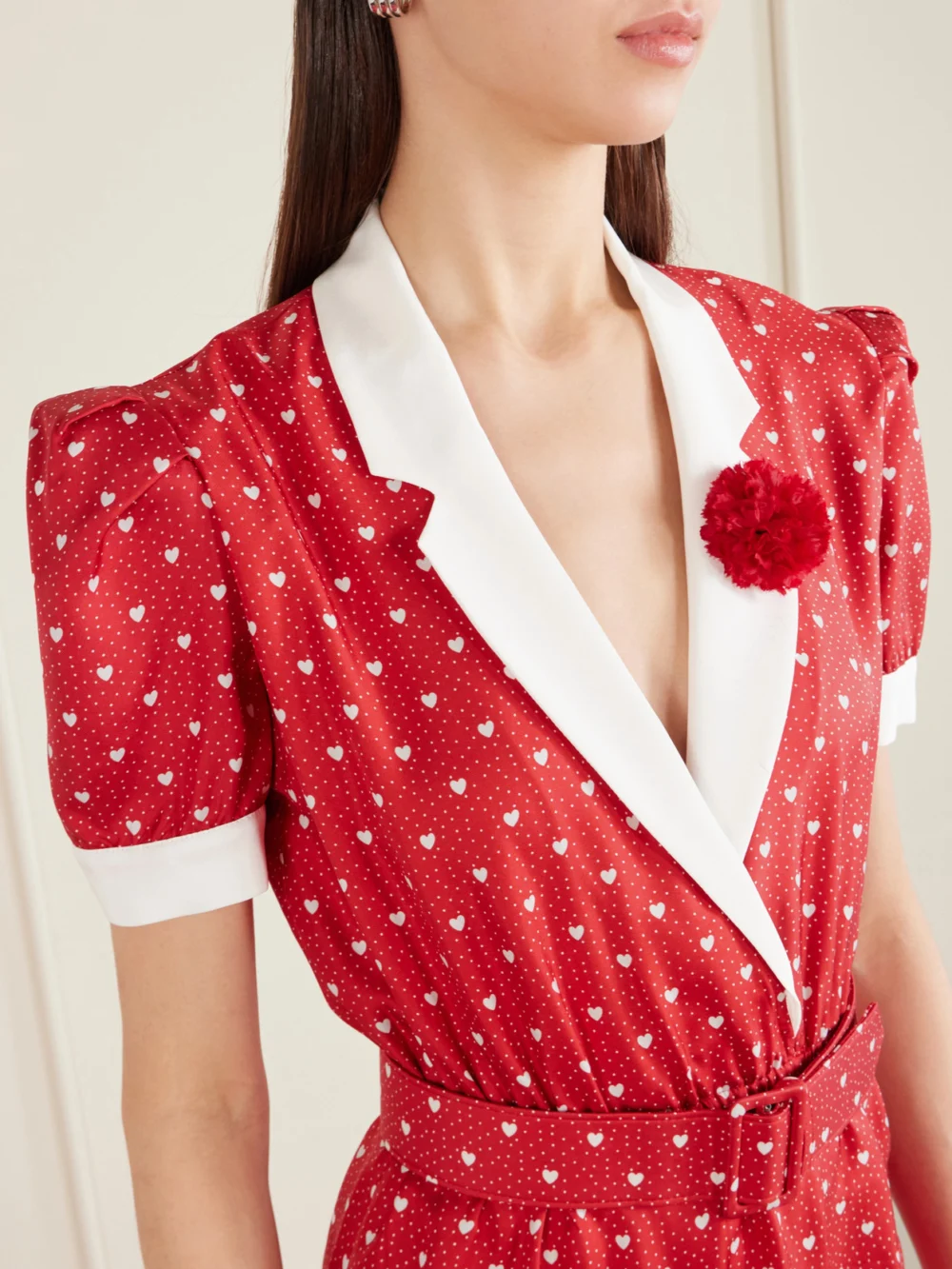 Close-up detail of the Rodarte Belted Printed Silk-twill Mini Dress