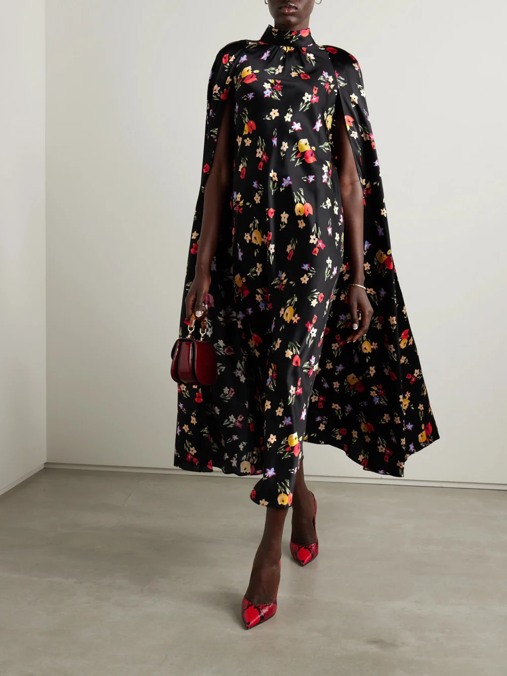Rodarte Cape-effect Printed Silk-charmeuse Midi Dress, worn by a model