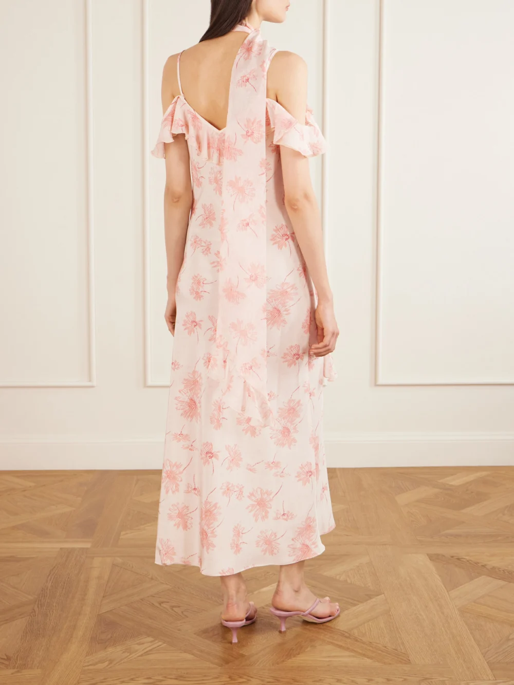 Back view of the Rodarte Daisy Ruffled Floral-print Silk Chiffon Midi Dress