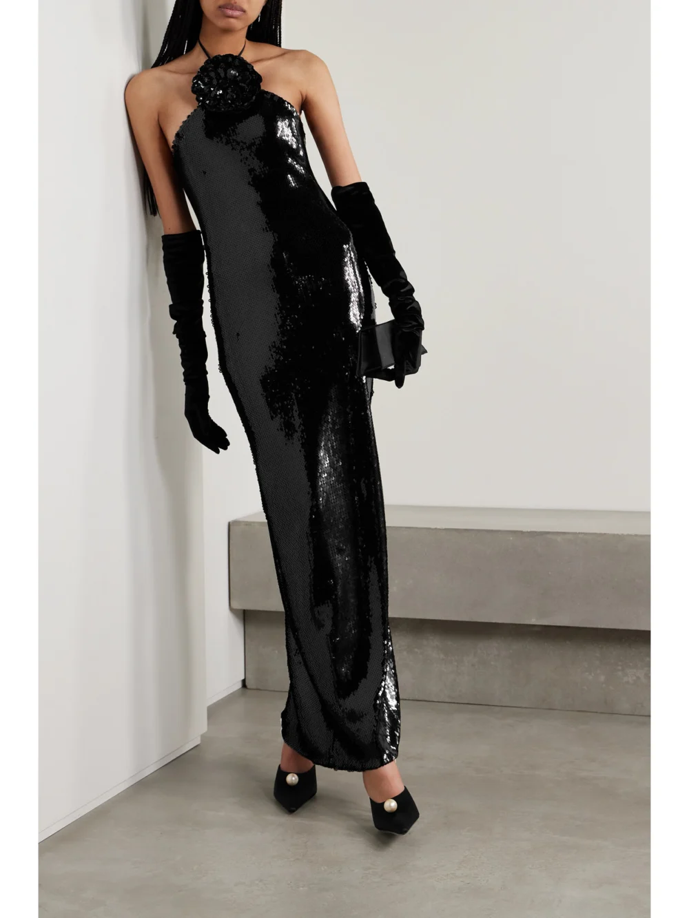 Rodarte Embellished Sequined Tulle Halterneck Gown, worn by a model