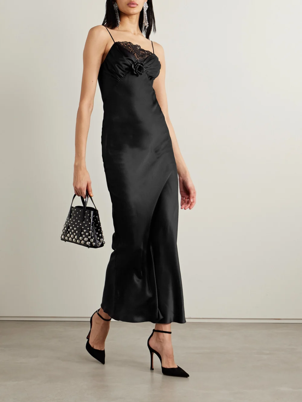 Rodarte Floral-appliquéd Lace-trimmed Silk-satin Gown, worn by a model