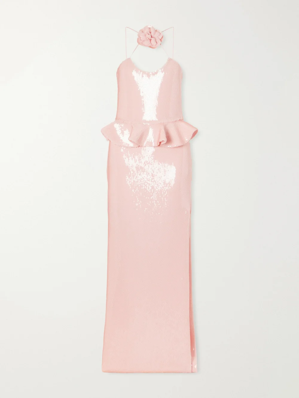 Rodarte Floral-appliquéd Ruffled Sequined Mesh Halterneck Gown in pink