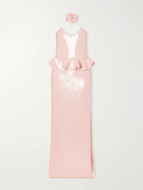 Rodarte Floral-appliquéd Ruffled Sequined Mesh Halterneck Gown