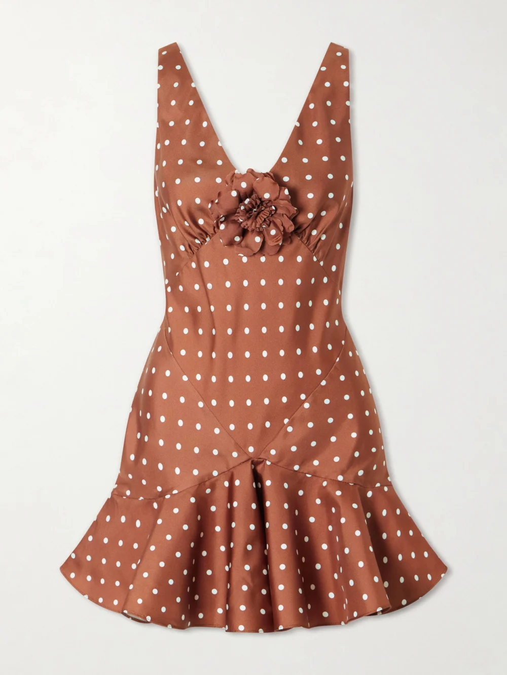 Rodarte Floral-embellished Polka-dot Silk-twill Midi Dress in brown