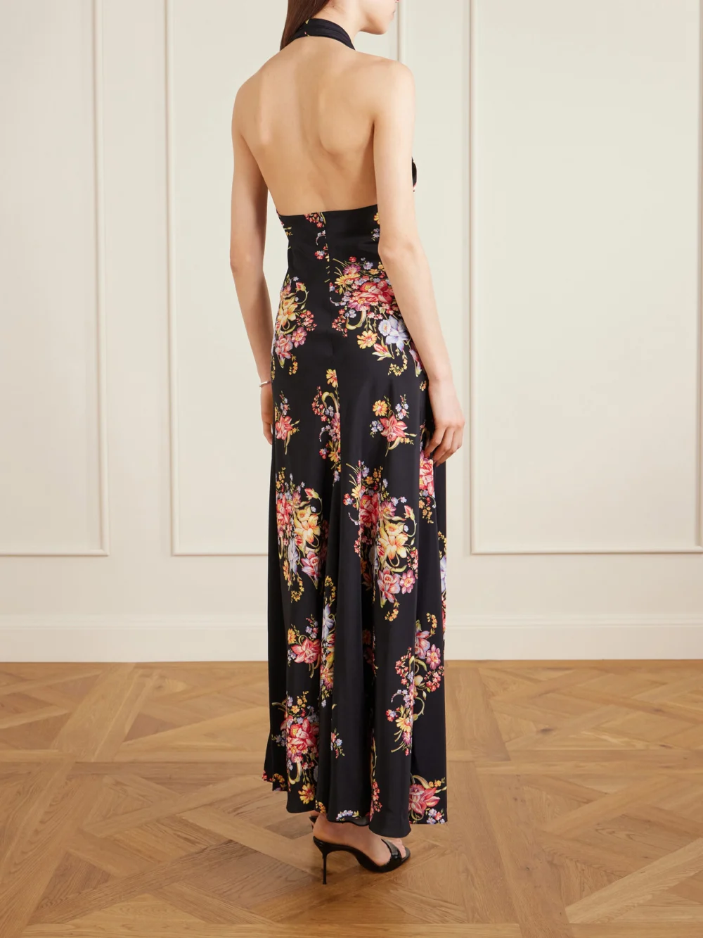 Back view of the Rodarte Floral-print Silk-crepe Halterneck Gown