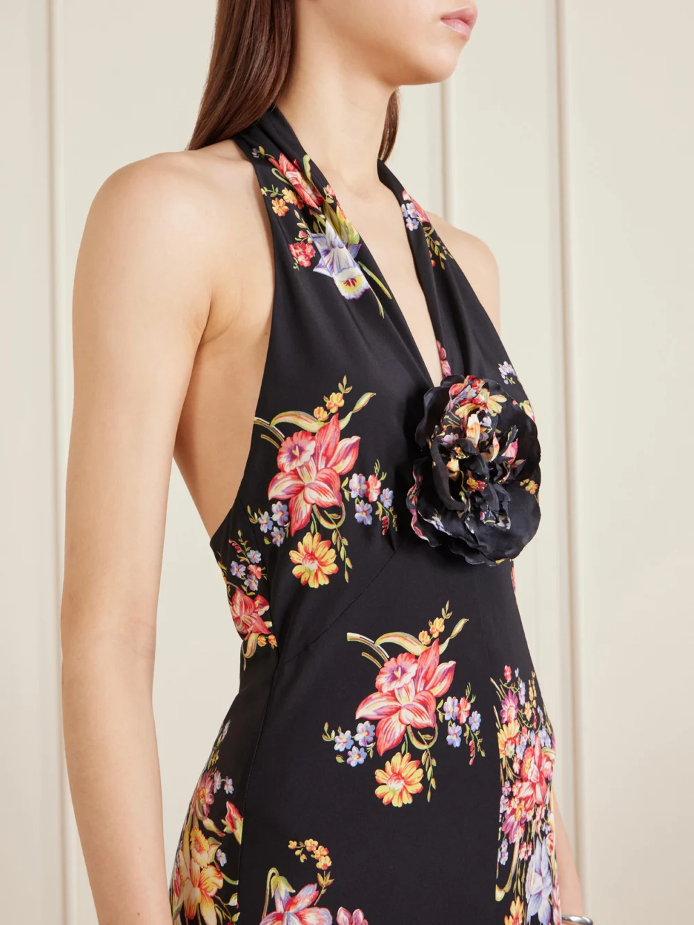 Close-up detail of the Rodarte Floral-print Silk-crepe Halterneck Gown