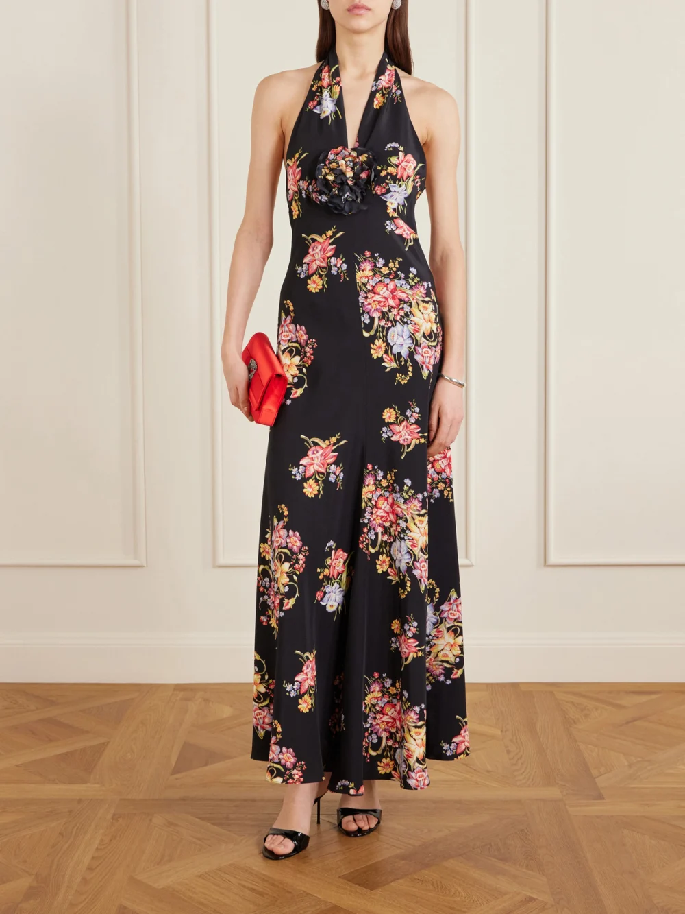 Rodarte Floral-print Silk-crepe Halterneck Gown, worn by a model