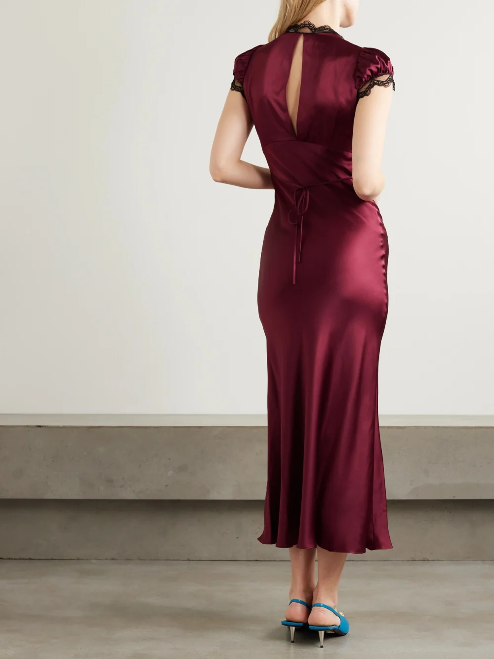 Back view of the Rodarte Lace-trimmed Silk-satin Midi Dress
