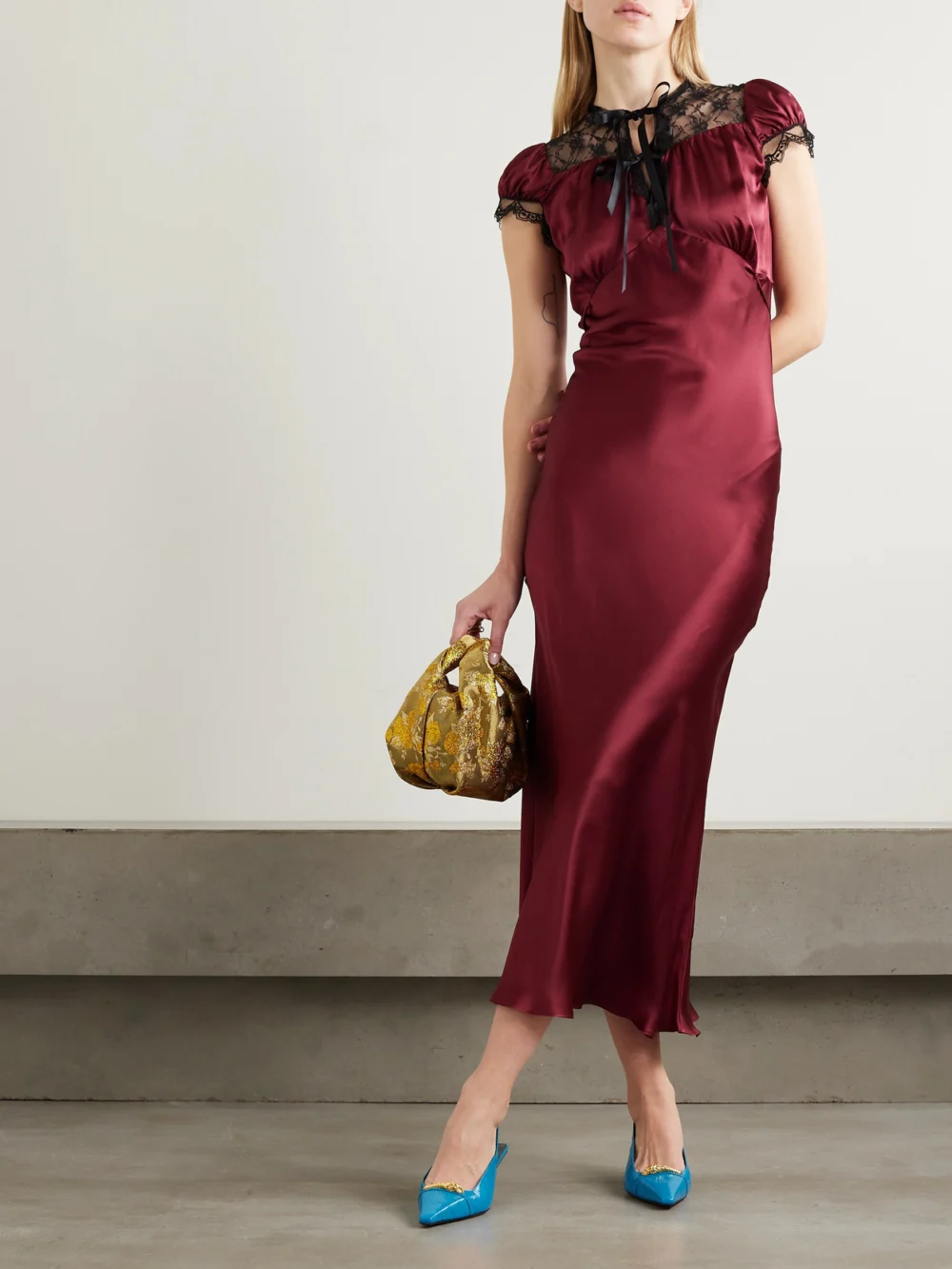 Rodarte Lace-trimmed Silk-satin Midi Dress, worn by a model