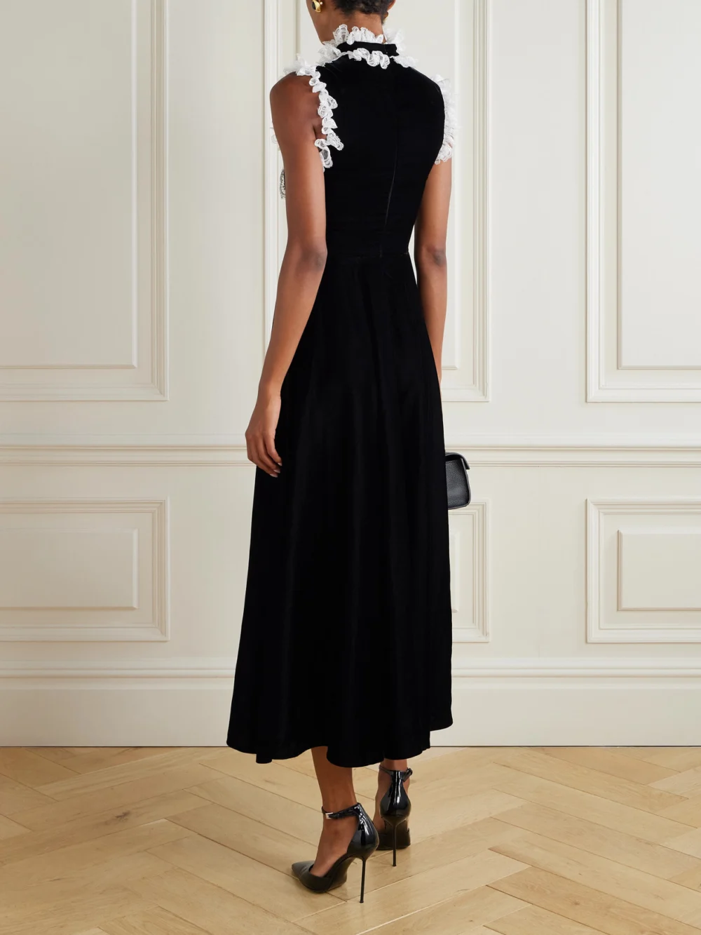 Back view of the Rodarte Lace-trimmed Velvet Midi Dress