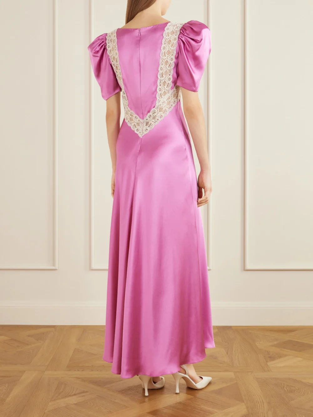 Back view of the Rodarte Ruched Embroidered Lace-trimmed Silk-twill Maxi Dress