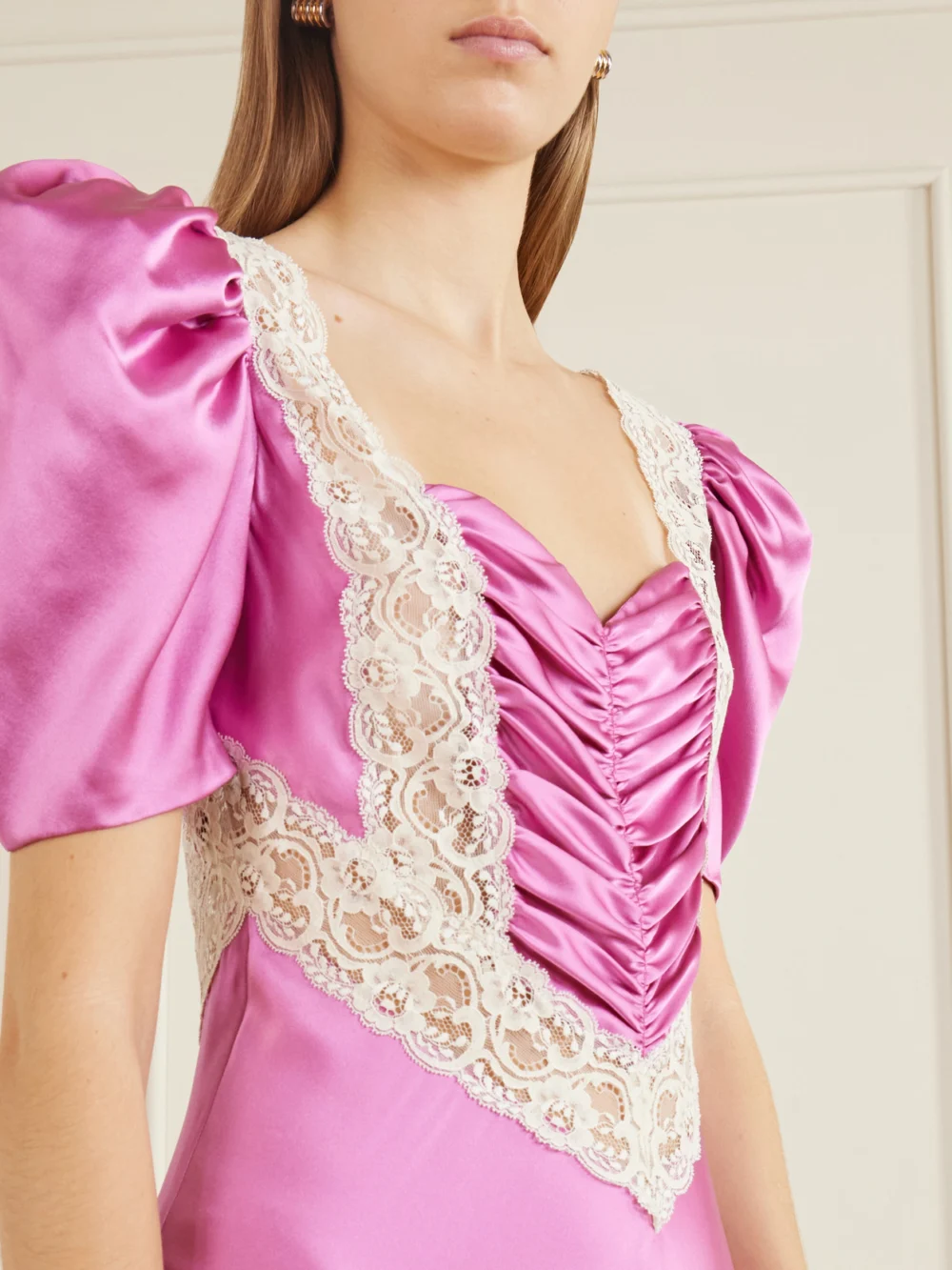 Close-up detail of the Rodarte Ruched Embroidered Lace-trimmed Silk-twill Maxi Dress