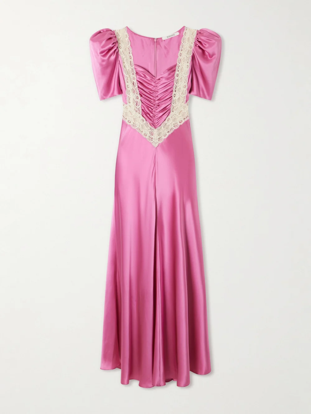 Rodarte Ruched Embroidered Lace-trimmed Silk-twill Maxi Dress in pink