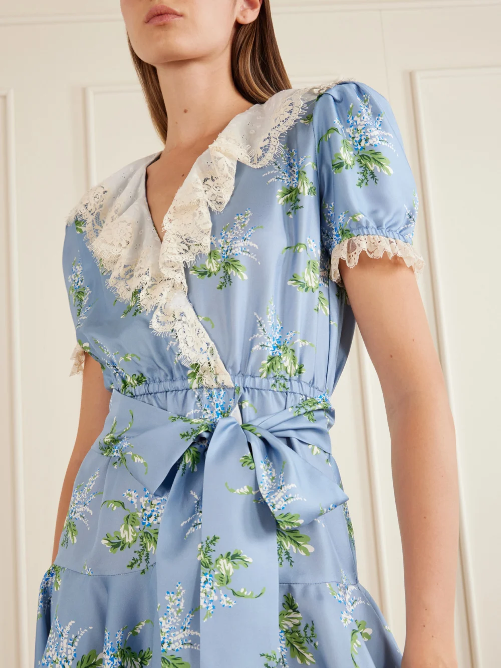 Close-up detail of the Rodarte Ruffled Lace-trimmed Floral-print Silk-twill Mini Dress