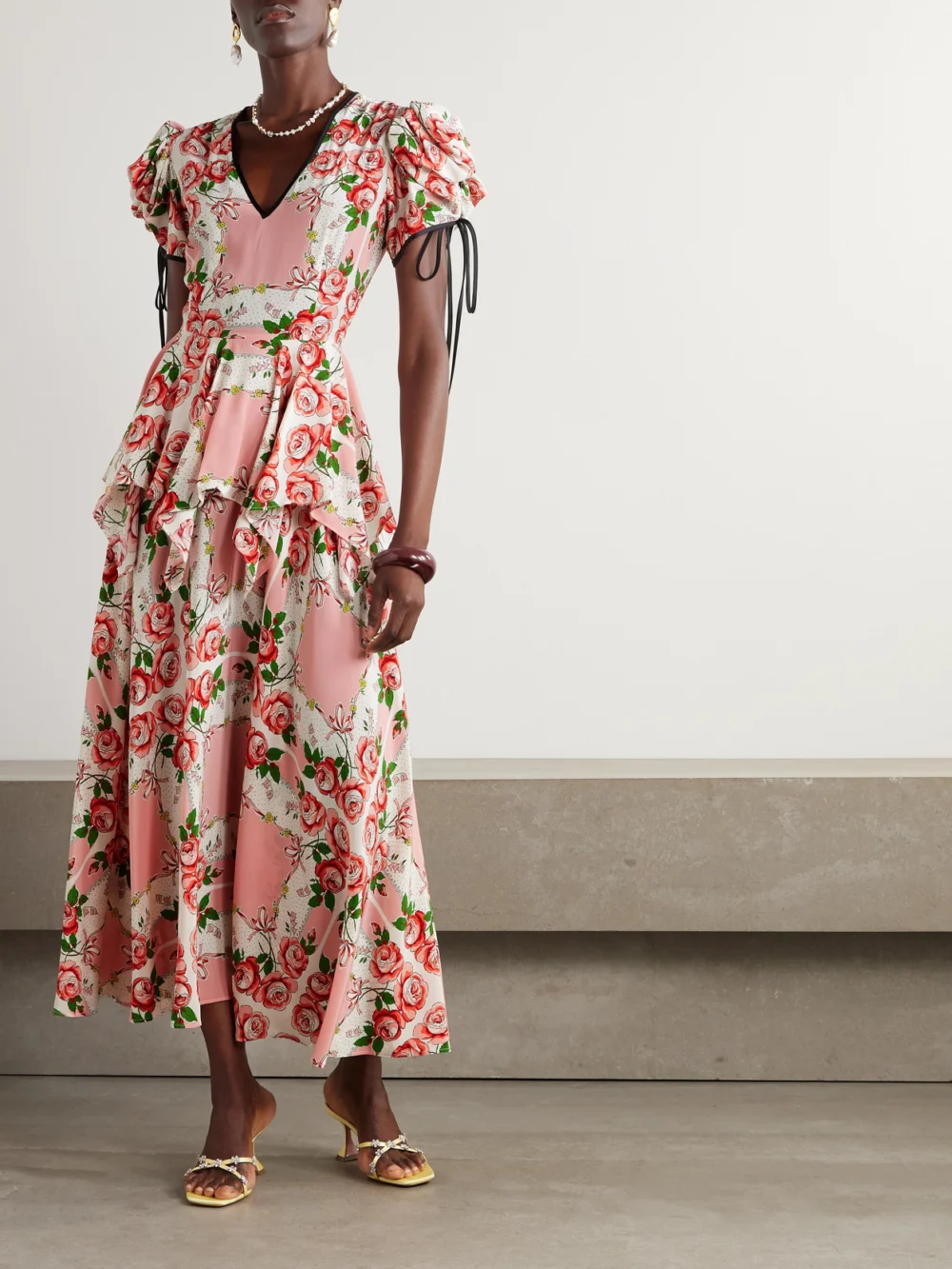 Rodarte Ruffled Printed Silk Crepe De Chine Midi Dress, worn by a model
