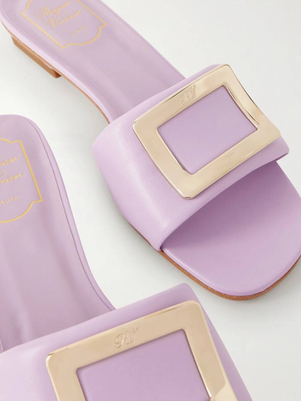 Close-up detail of the Roger Vivier 20 Buckled Padded-leather Mules