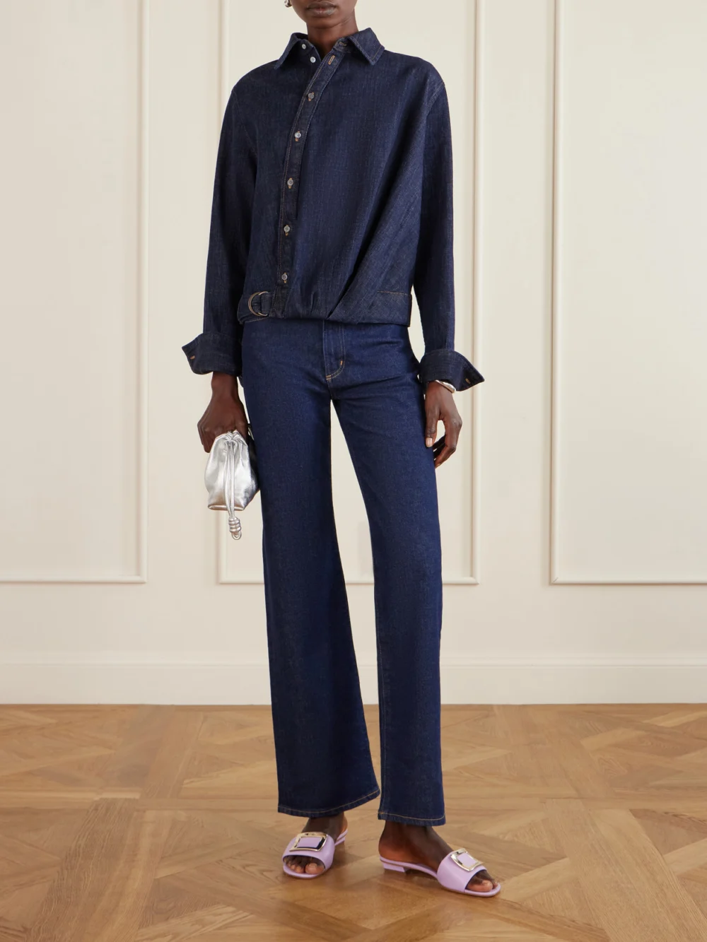 Roger Vivier 20 Buckled Padded-leather Mules, styled view