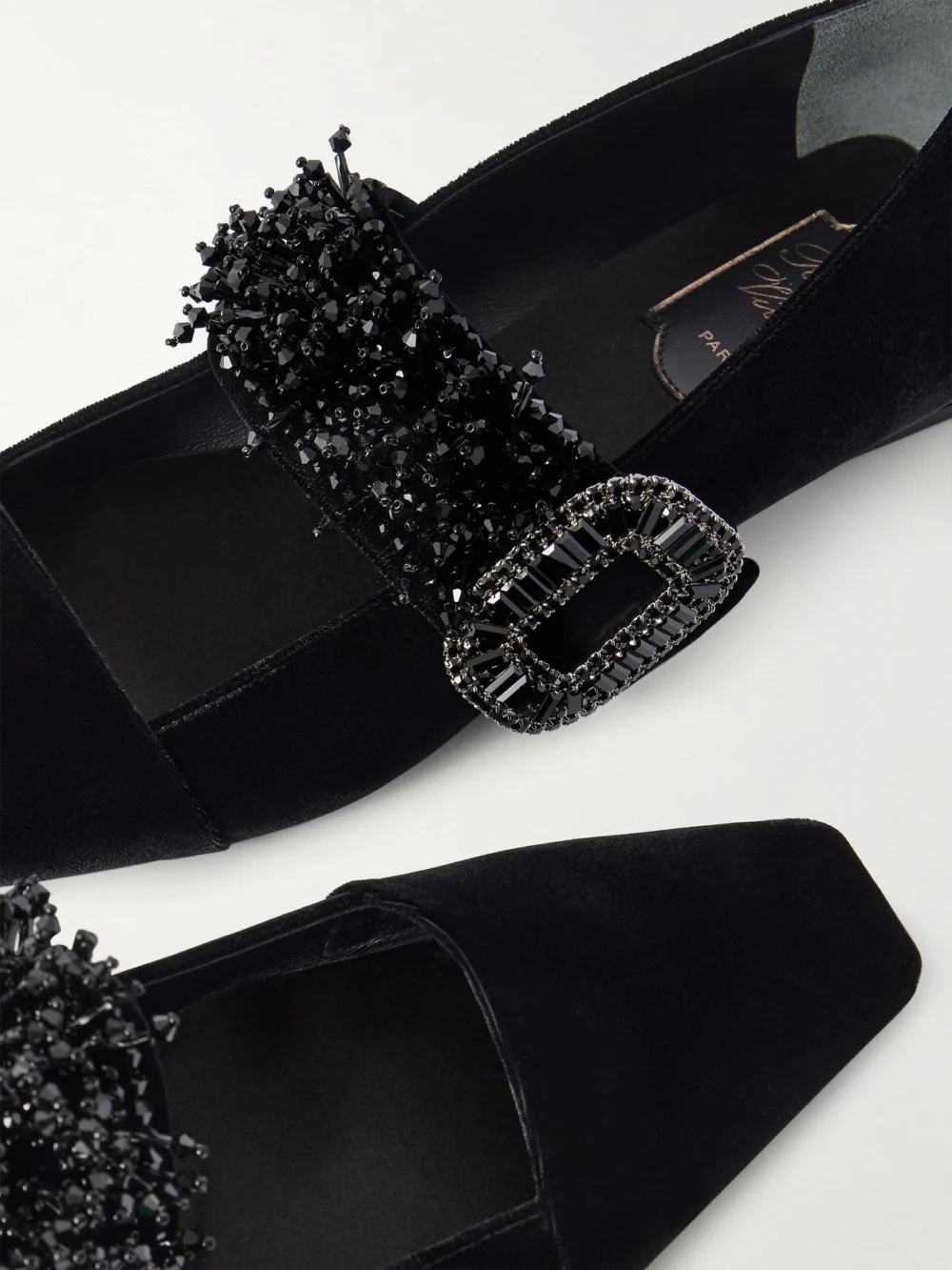 Close-up detail of the Roger Vivier Belle Vivier 25 Embellished Velvet Mary Jane Pumps