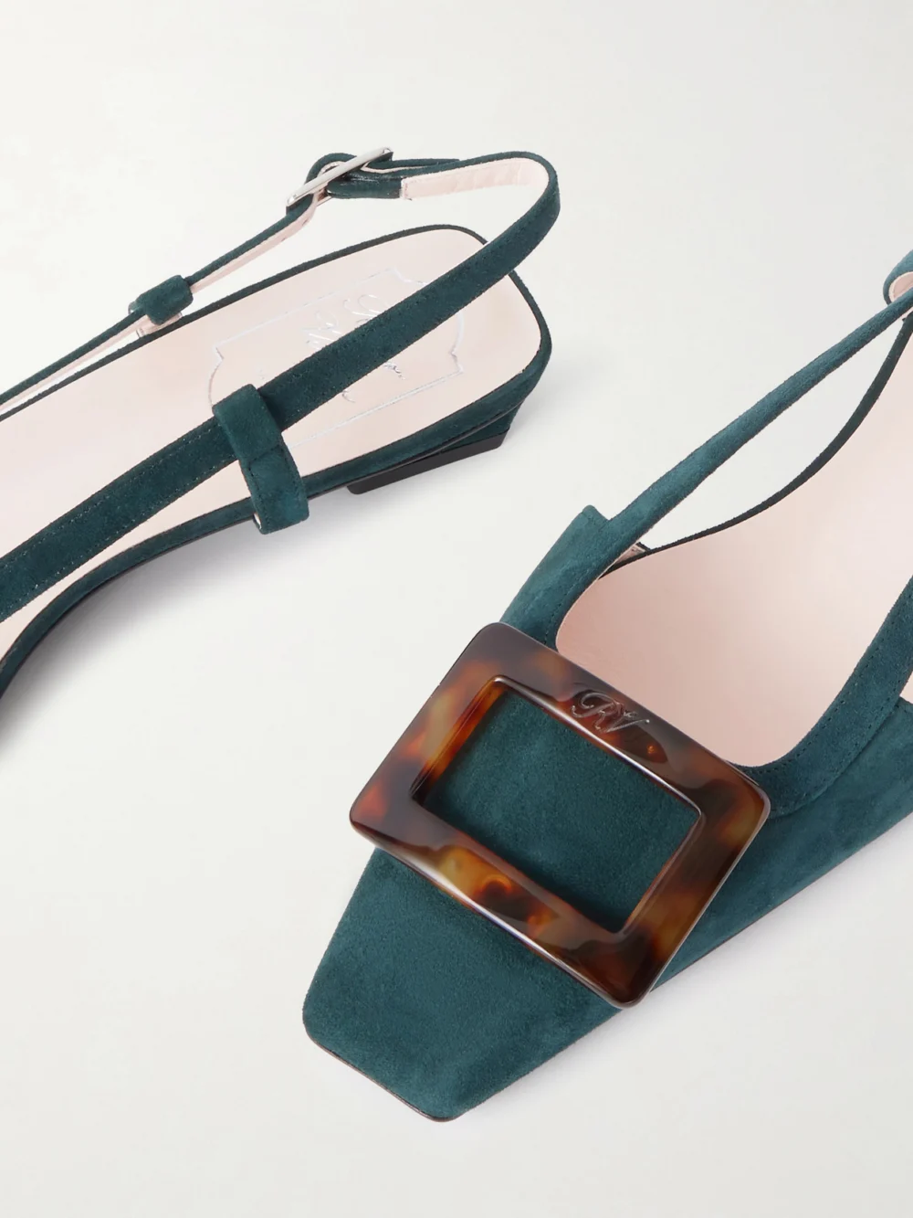 Close-up detail of the Roger Vivier Belle Vivier 25 Suede Slingback Pumps