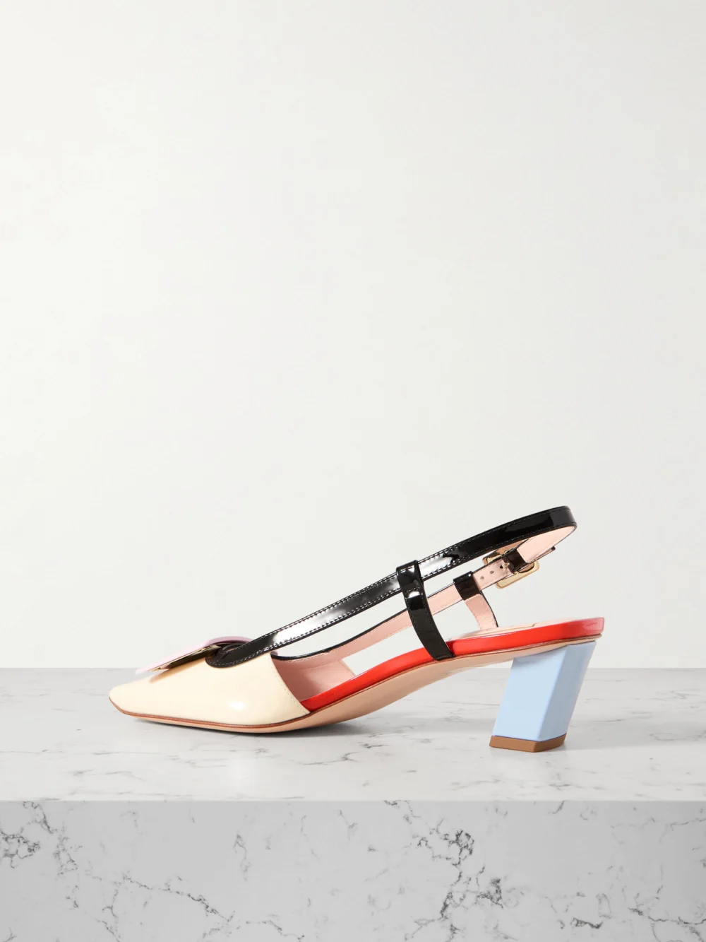 Back view of the Roger Vivier Belle Vivier 45 Color-block Patent-leather Slingback Pumps