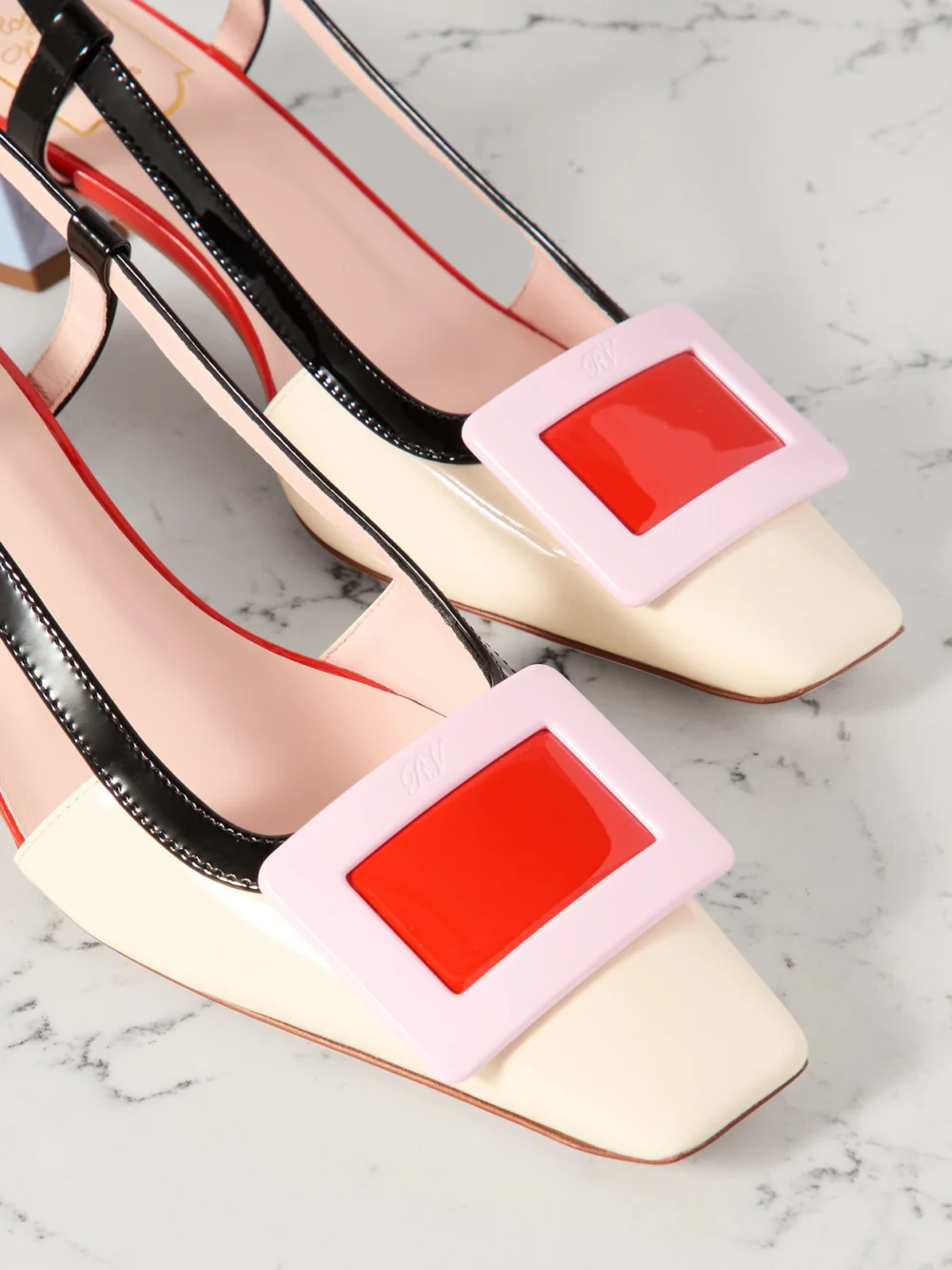 Close-up detail of the Roger Vivier Belle Vivier 45 Color-block Patent-leather Slingback Pumps