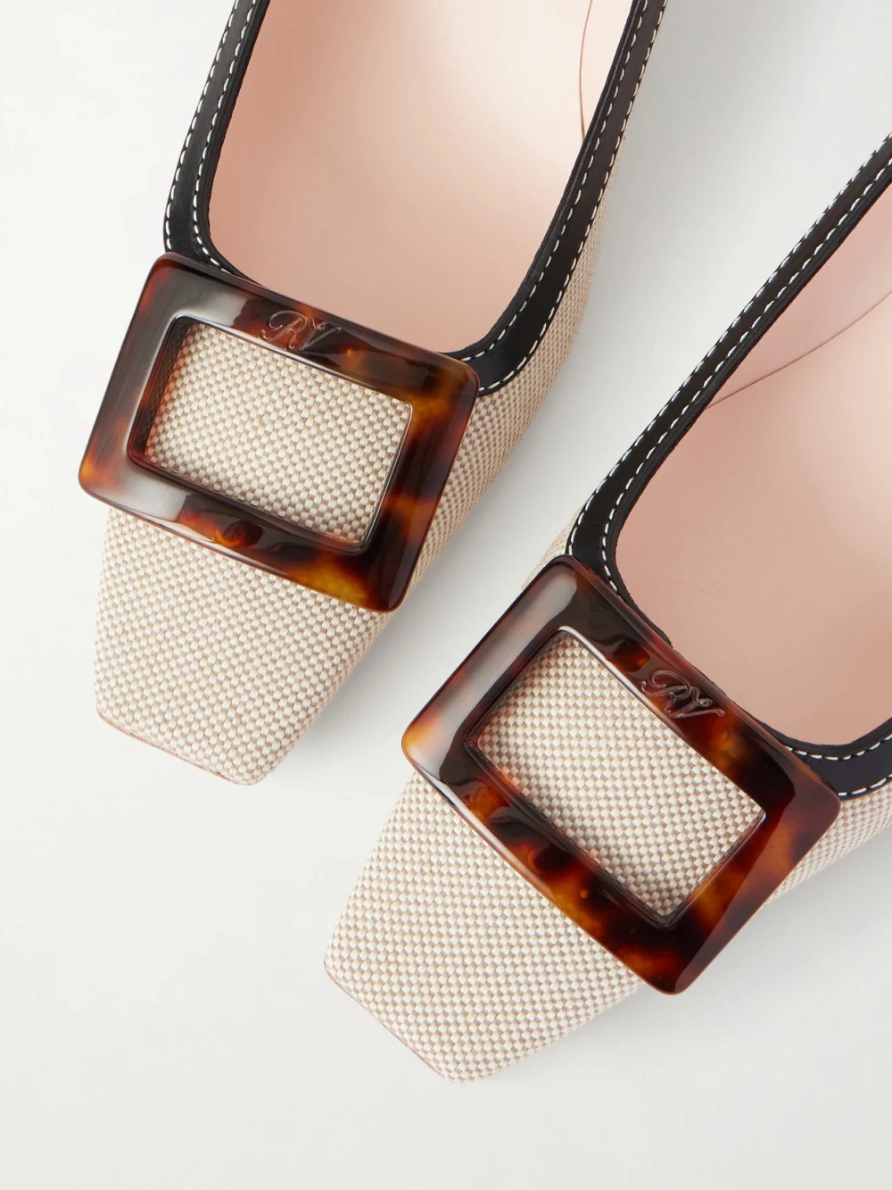 Close-up detail of the Roger Vivier Belle Vivier 45 Leather-trimmed Canvas Pumps