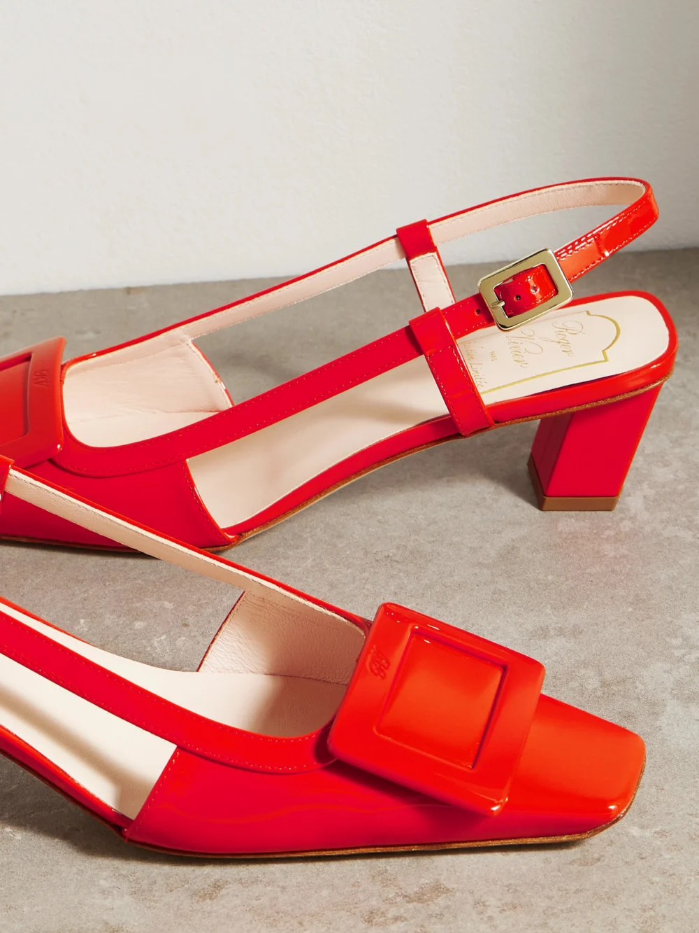 Close-up detail of the Roger Vivier Belle Vivier 45 Patent-leather Slingback Pumps