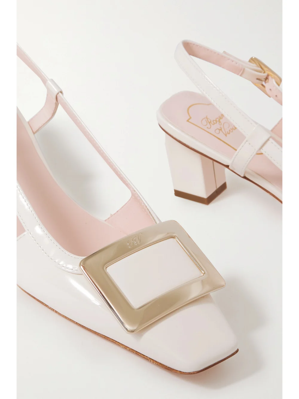 Close-up detail of the Roger Vivier Belle Vivier 45 Patent-leather Slingback Pumps