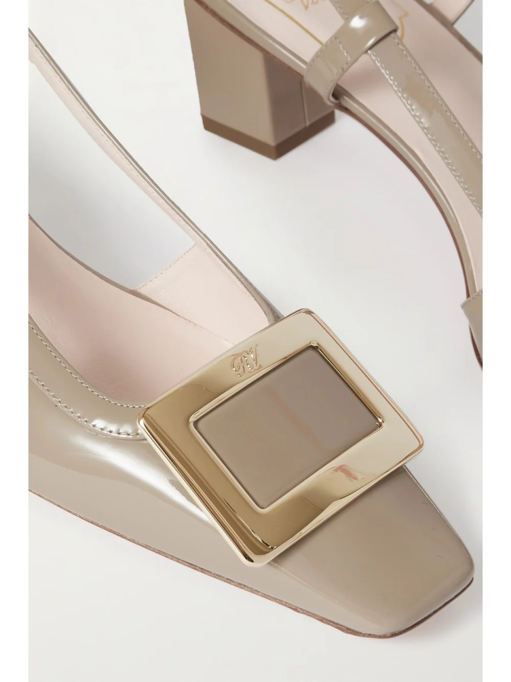 Close-up detail of the Roger Vivier Belle Vivier 45 Patent-leather Slingback Pumps