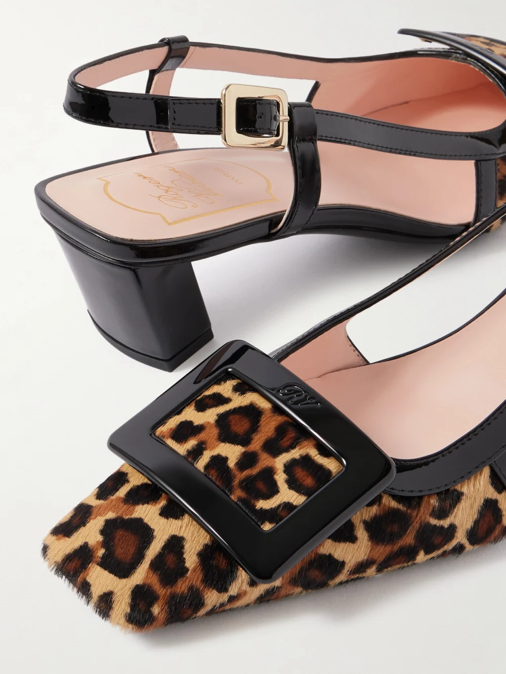 Close-up detail of the Roger Vivier Belle Vivier 45 Patent Leather-trimmed Leopard-print Pony Hair Slingback Pumps