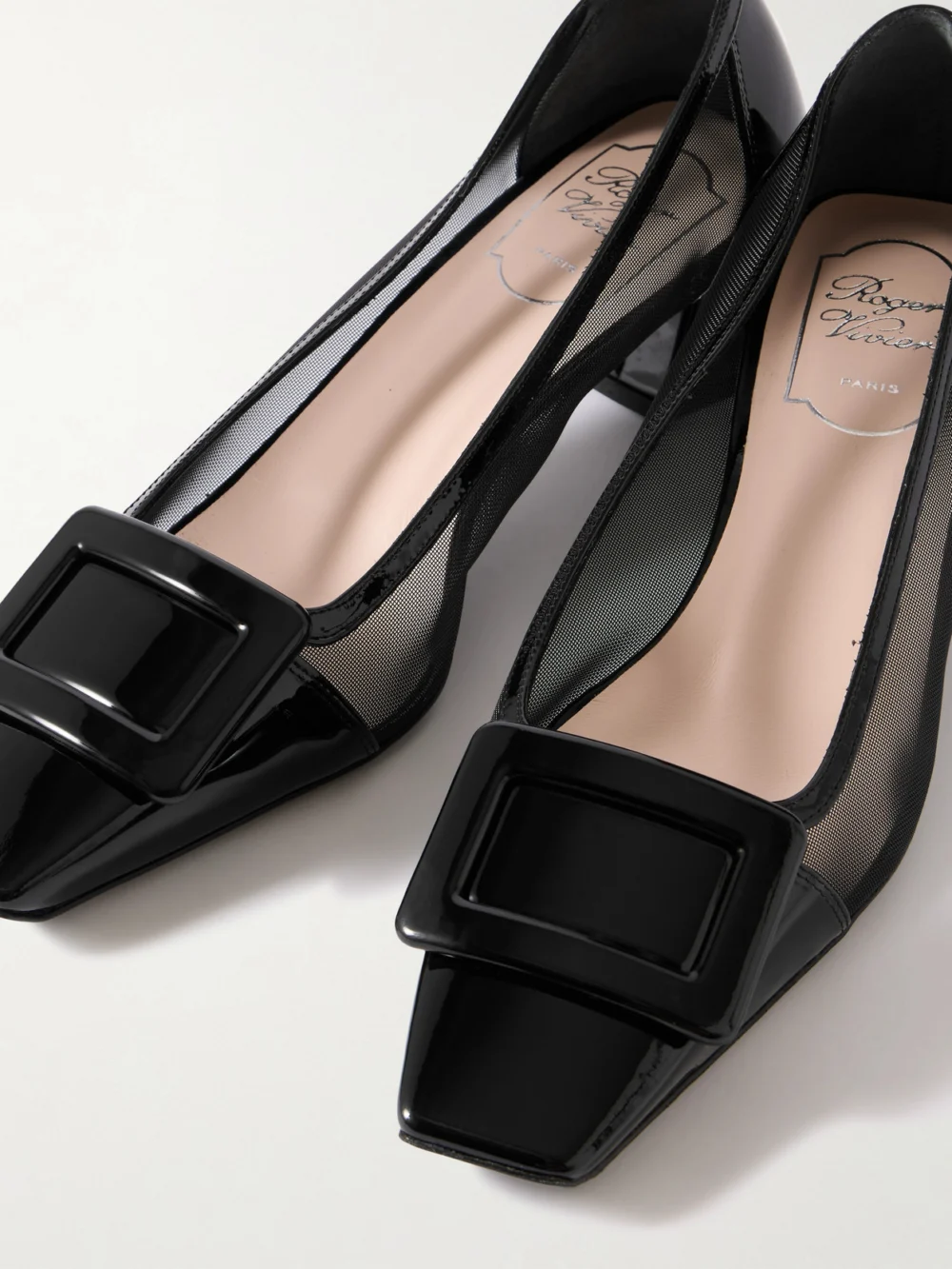 Close-up detail of the Roger Vivier Belle Vivier 45 Patent Leather-trimmed Mesh Pumps