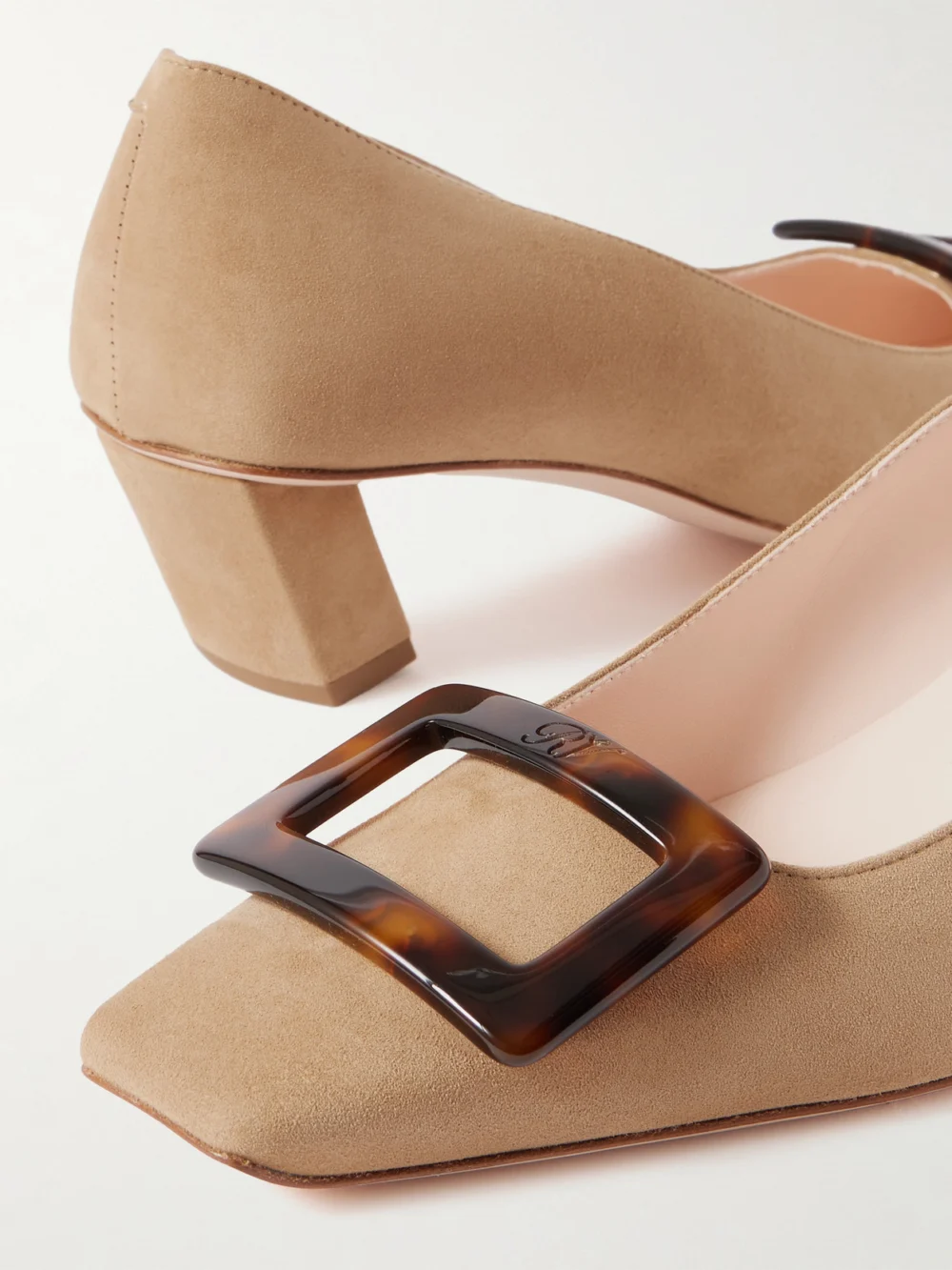 Close-up detail of the Roger Vivier Belle Vivier 45 Suede Pumps