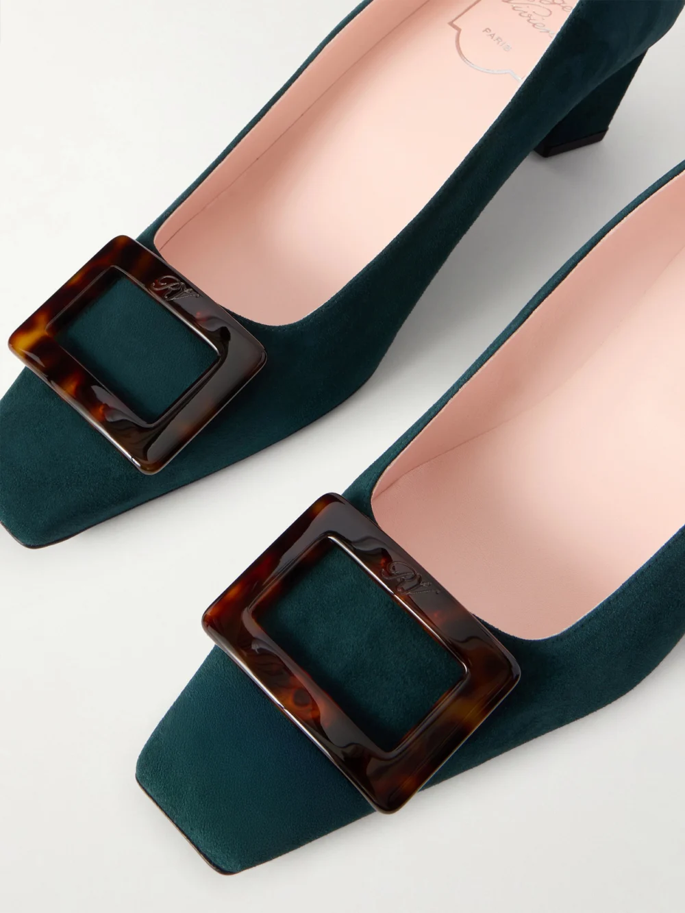 Close-up detail of the Roger Vivier Belle Vivier 45 Suede Pumps