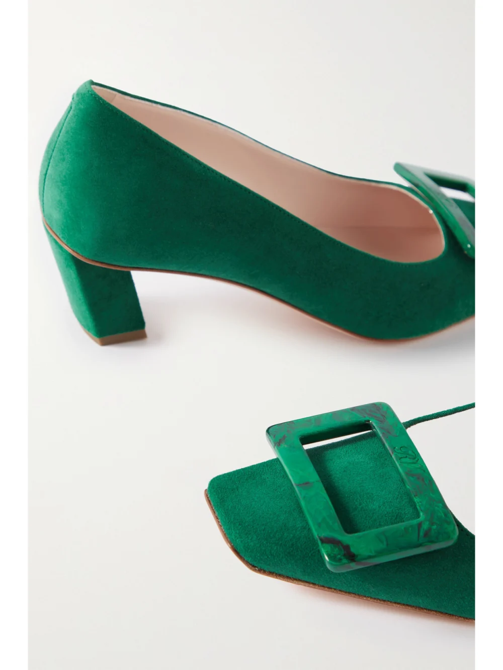 Close-up detail of the Roger Vivier Belle Vivier 45 Suede Pumps