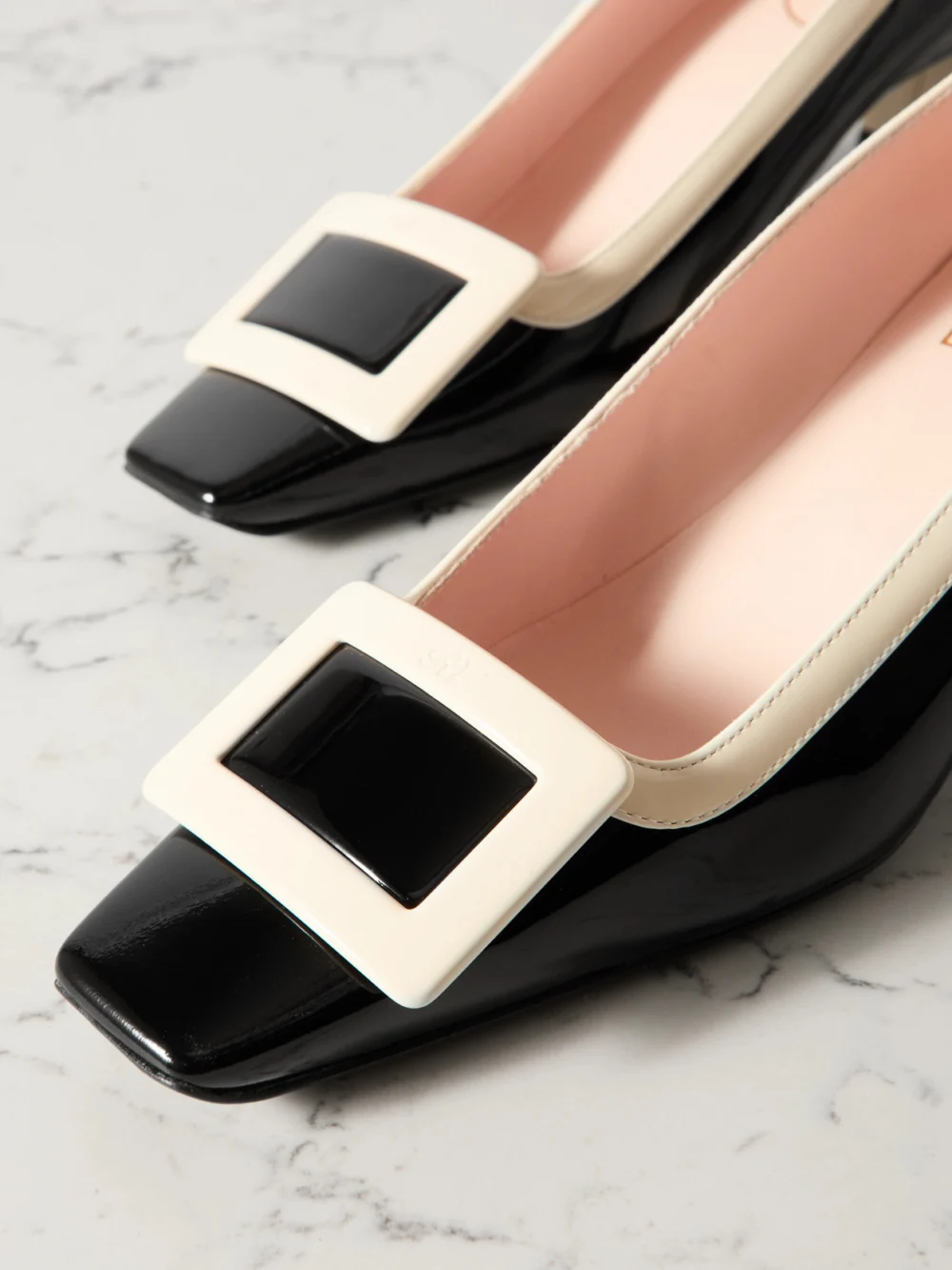 Close-up detail of the Roger Vivier Belle Vivier 45 Two-tone Patent-leather Pumps