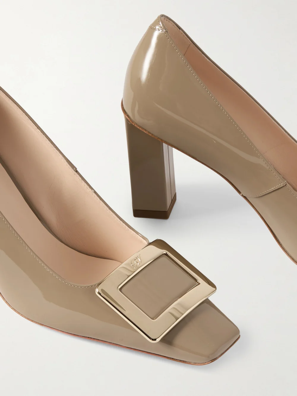 Close-up detail of the Roger Vivier Belle Vivier 75 Buckled Patent-leather Pumps