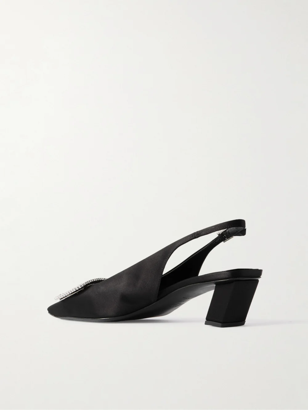 Back view of the Roger Vivier Belle Vivier Pilgrim 45 Crystal-embellished Satin Slingback Pumps
