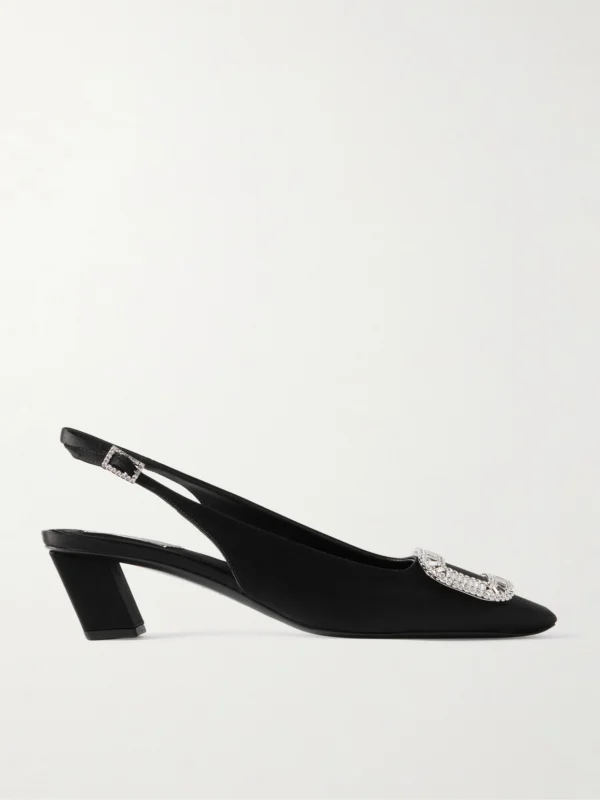 Roger Vivier Belle Vivier Pilgrim 45 Crystal-embellished Satin Slingback Pumps