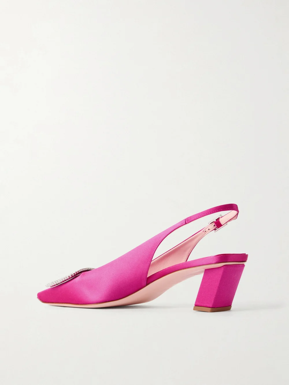 Back view of the Roger Vivier Belle Vivier Pilgrim 45 Crystal-embellished Satin Slingback Pumps