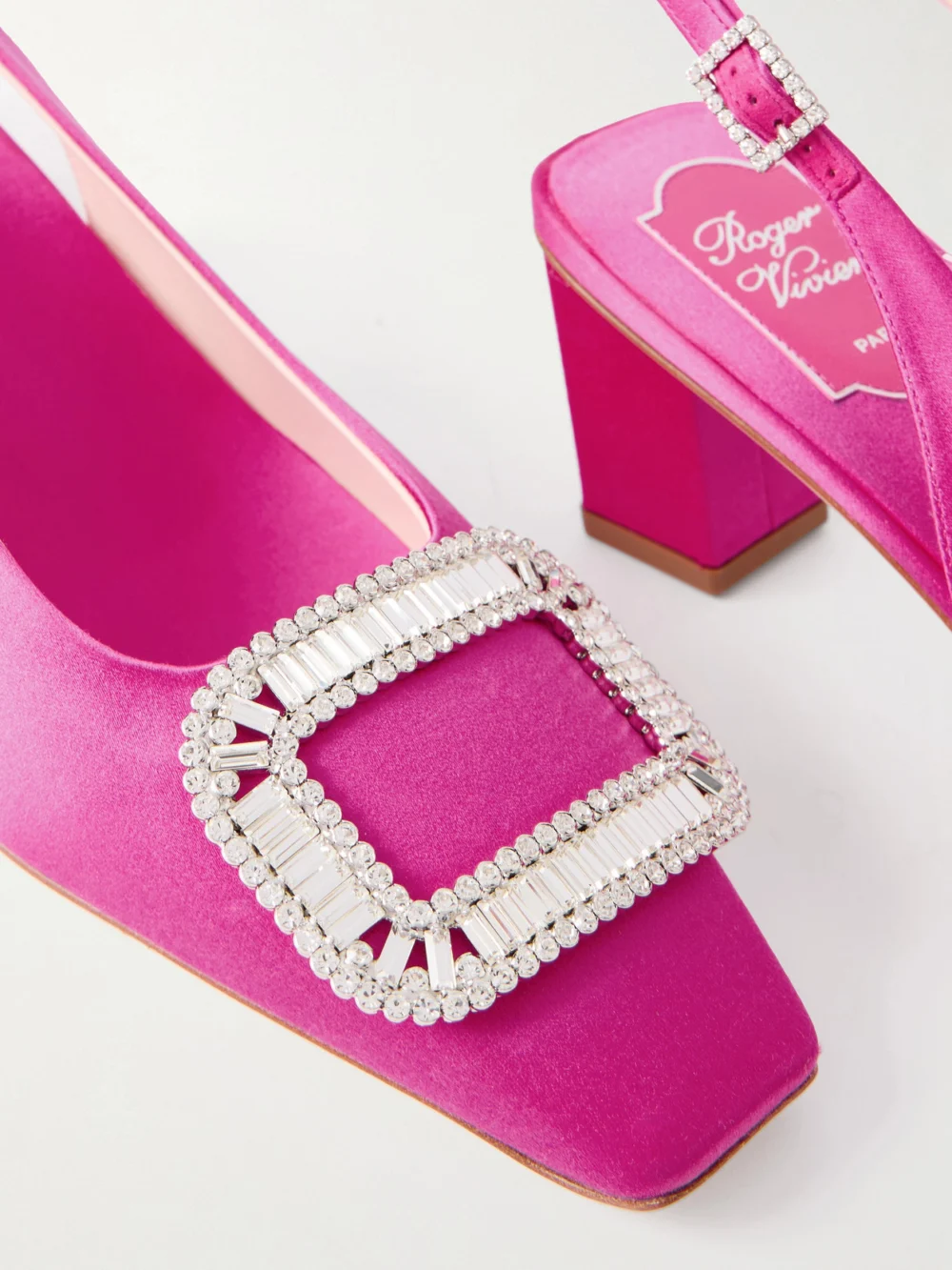 Close-up detail of the Roger Vivier Belle Vivier Pilgrim 45 Crystal-embellished Satin Slingback Pumps