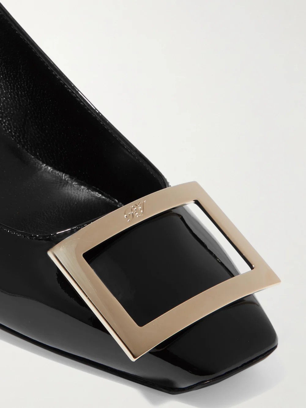 Close-up detail of the Roger Vivier Decollete Trompette 45 Patent-leather Pumps