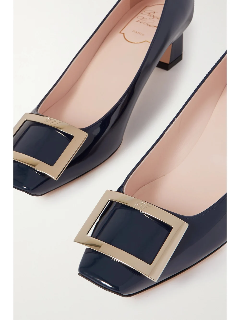 Close-up detail of the Roger Vivier Decollete Trompette 45 Patent-leather Pumps