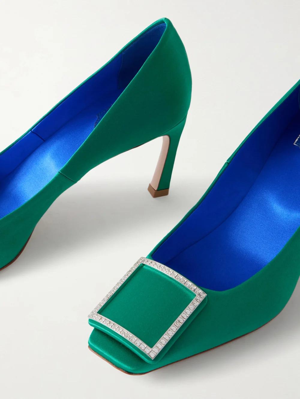 Close-up detail of the Roger Vivier Decollete Trompette 70 Embellished Satin Pumps