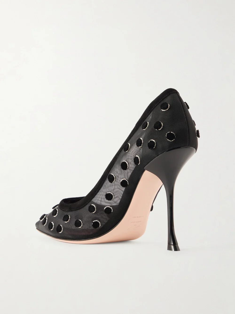 Back view of the Roger Vivier I Love Vivier 100 Suede-trimmed Flocked Mesh Pumps