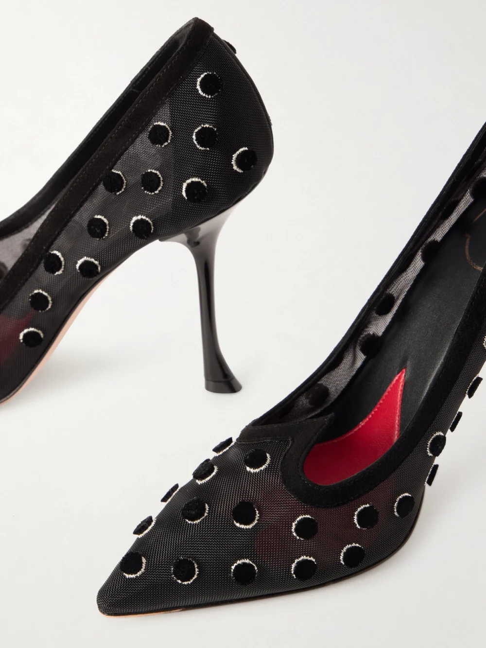 Close-up detail of the Roger Vivier I Love Vivier 100 Suede-trimmed Flocked Mesh Pumps