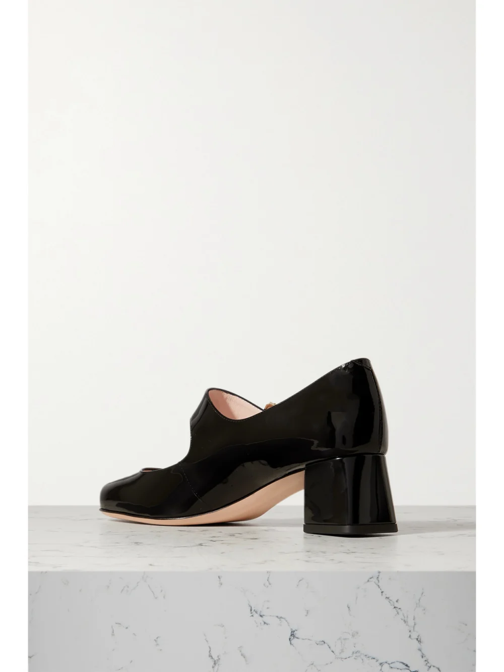 Back view of the Roger Vivier Très Vivier 45 Crystal-embellished Patent-leather Mary Jane Pumps