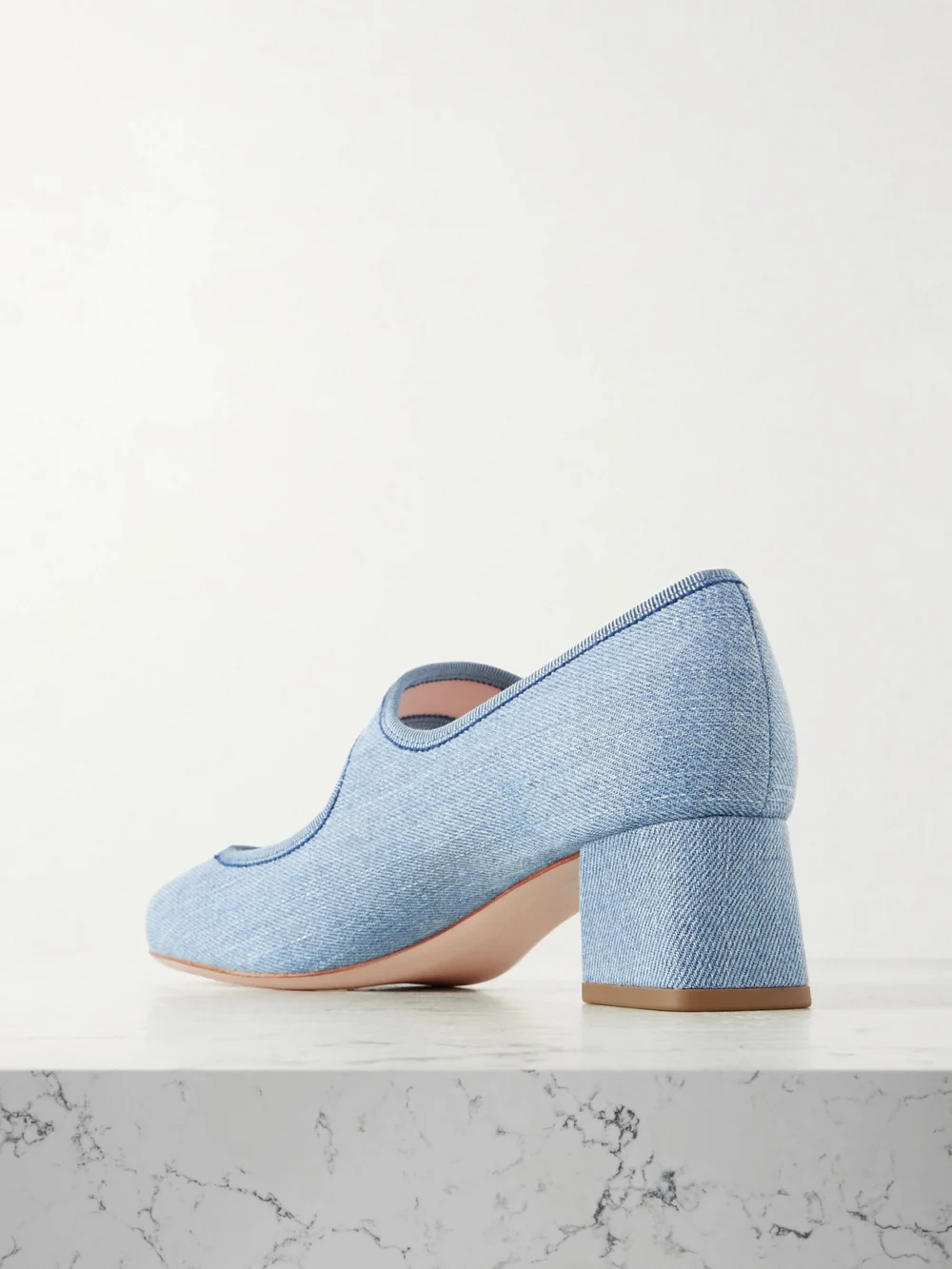 Back view of the Roger Vivier Très Vivier Crystal-embellished Denim Mary Jane Pumps